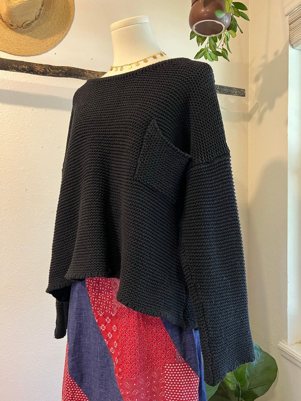 Joah Brown USA Black Cotton Always Pullover Ribbed Oversized Sweater One Size